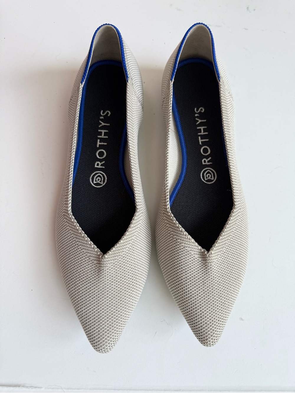 Rothy's The Point Flat in Light Beige with Blue Trim